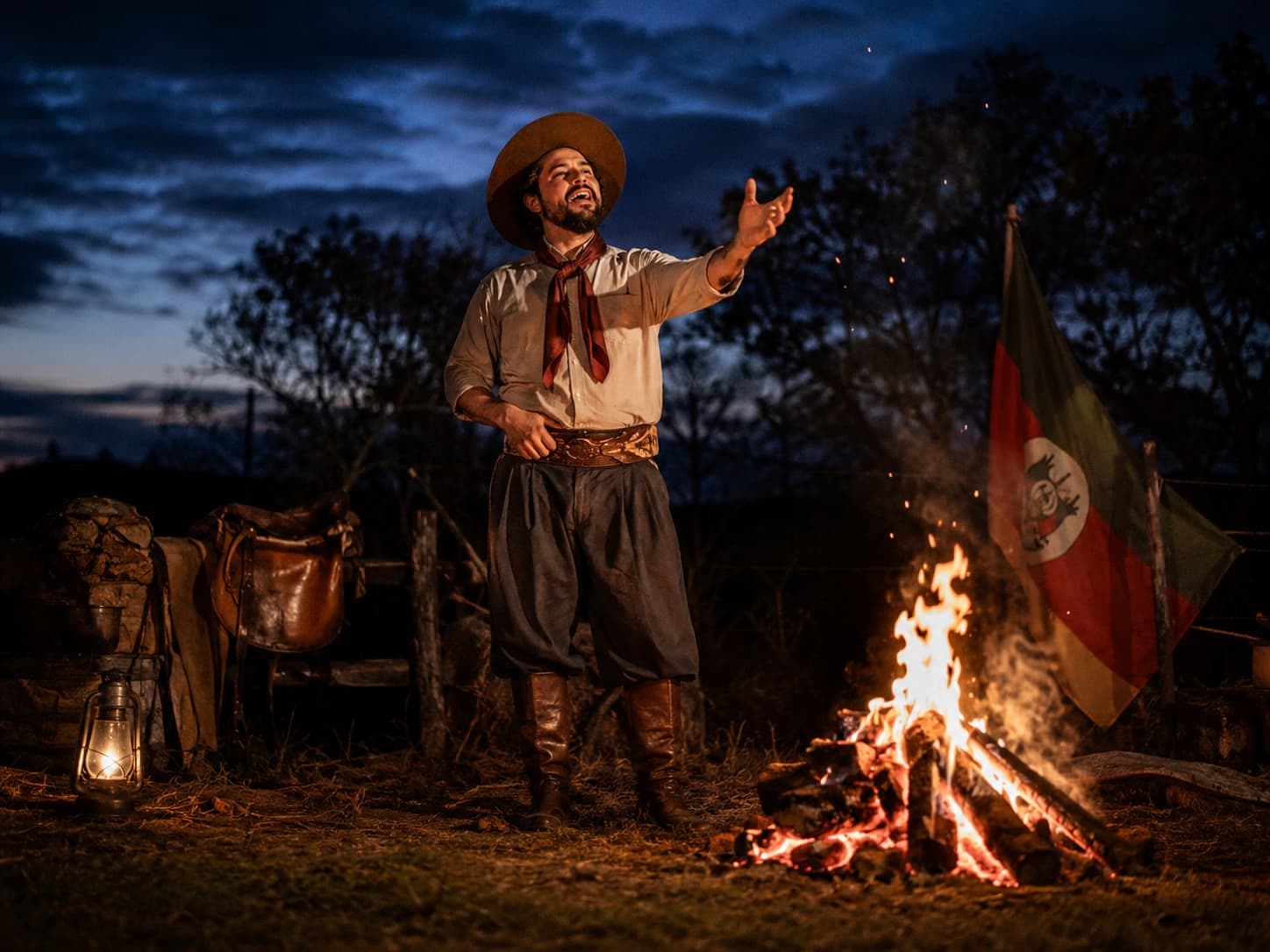Payador declamando de chapéu e bombacha ao lado de um fogo de chão, com a bandeira do Rio Grande do Sul ao fundo